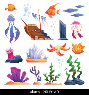 Unterwasser-Cartoon Farbset von Flora und Fauna Gegenstände Riff Wrackteile von versunkenen Schiffen isolierte Vektordarstellung Stock Vektor