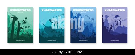 Unterwasser-Poster mit Silhouetten von versunkenen Schiffen, Riffs, Fischen und anderen Meeresbewohnern, isolierte Vektordarstellung Stock Vektor