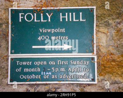 Schild Folly Hill, Richtung Faringdon Folly Tower Aussichtspunkt Stockfoto