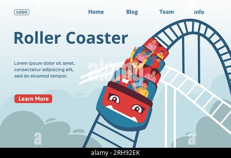 Landing-Page der Website von Achterbahn mit flachen Bildern von Personen im Vergnügungspark Text Links Vektordarstellung Stock Vektor