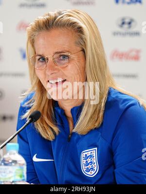 Die englische Cheftrainer Sarina Wiegman während der Pressekonferenz im Stadium Australia, Sydney. Foto: Dienstag, 15. August 2023. Stockfoto