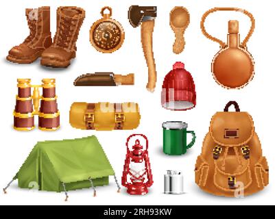 Realistisches, klassisches Campingset mit Einzelbildern mit Werkzeugen, warmer Kleidung, Flaschen und anderen nichtssagenden Gegenständen, Vektordarstellung Stock Vektor
