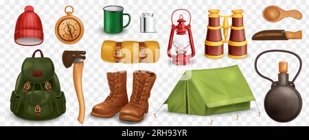 Realistischer Vintage-Campingplatz auf transparentem Hintergrund mit vereinzelten Ikonen von nichtssagenden Gegenständen zur Darstellung von Outdoor-Abenteuern Stock Vektor