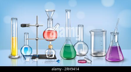 Realistische Laborzusammensetzung mit Vorderansicht des Glastischs mit Gefäßen, Kolben und Reagenzglasständern Vektordarstellung Stock Vektor