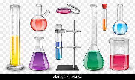 Realistischer Laborsatz isolierter Symbole auf transparentem Hintergrund mit Vektordarstellung von Reagenzgläsern und Kolben Stock Vektor