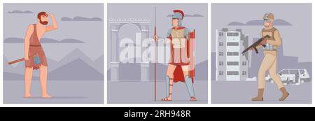 Die Geschichte der Kriegsentwicklung mit flachen Kompositionen des alten Kriegers, des mittelalterlichen Ritters und der Darstellung moderner Armeesoldaten Stock Vektor