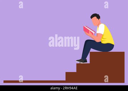Figur-Zeichnung eines jungen Mannes, der auf der Treppe ein Buch liest. Intelligenter männlicher Leser, der Literatur genießt oder studiert, sich auf die Prüfung vorbereitet. Studentenbereich Stockfoto