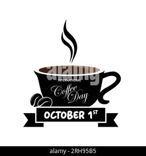 Zitat zum Internationalen Kaffeetag. Handgezeichnetes Vektorlogo mit Schriftzug und Tasse Kaffee auf weißem Hintergrund Stock Vektor