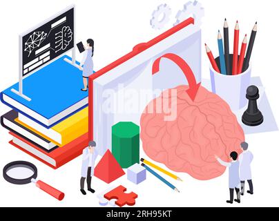 Isometrisches Neuromarketing-Konzept auf weißem Hintergrund mit menschlichem Gehirn und Charakteren von Forschern mit 3D-Vektordarstellung Stock Vektor