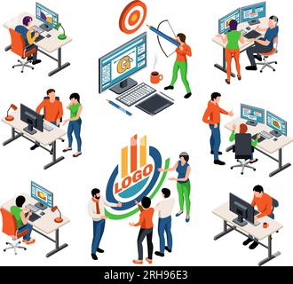 Isometrischer Satz für Designstudios, bei dem Personen an Computern arbeiten, die ein Team von Designern zusammenstellen, die eine isolierte Vektordarstellung für Logos erstellen Stock Vektor