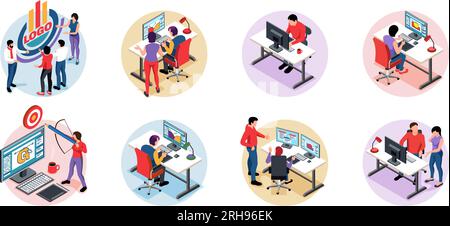 Designstudio-Kompositionen mit männlichen und weiblichen Designern, die an Computern arbeiten, in isometrischer isolierter Vektordarstellung im Büro Stock Vektor