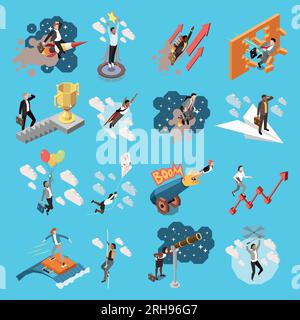 Isometrische Icons mit verschiedenen abstrakten Situationen und Beschreibungen, Raketen, Zeigern, Ballons, Explosionen, Vektordarstellung Stock Vektor