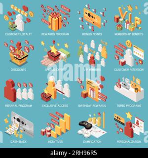 Isometrische Symbole für Bonusprogramme für Kundentreue mit Bonuspunkten Mitgliedsvorteile Rabatte Sonderangebote und andere Beschreibungen Vektor Stock Vektor