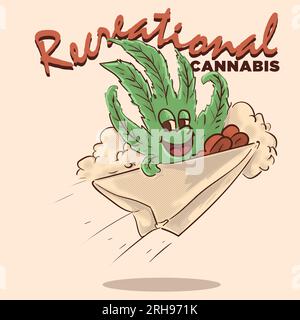 Flippiger fliegender Cannabis für das Freizeithanfkonzept. Retro-Ganja mit Gesichtsmaskottchen-Konzept-Vektordarstellung Stock Vektor