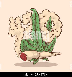 420 Wolke von Cannabiszigaretten, die von der fliegenden Ganja-Hand gehalten wird. Vektordarstellung des Retro-Maskottchen-Konzepts Stock Vektor