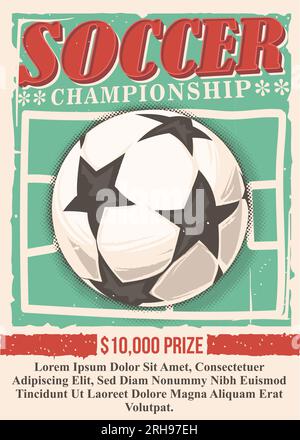 Fußball, der über dem Spielfeld fliegt. Vektorvorlage für die Vorlage für Fußballturniere. Stock Vektor