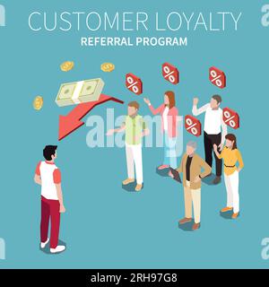 Bonusprogramme für Kundentreue farbige isometrische Zusammensetzung mit Vektordarstellung der Beschreibung des Empfehlungsprogramms Stock Vektor