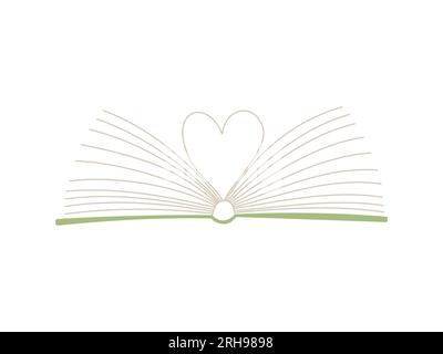 Offenes Buch mit Seiten, die in Herzform gefaltet sind. Das Buch ist ein Symbol des Wissens, des Lernens. Ein Konzept für Lese-, Literatur- und Lernliebhaber. Stock Vektor