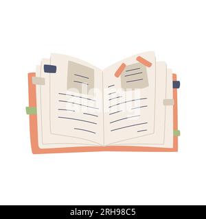 Ein offenes Tagebuch zum Schreiben, für Notizen, zur Planung mit Aufklebern und Lesezeichen. Notizblock Notizen machen, Tagebuch, Planung, Erinnerung. Flache Cartoon-Vektordarstellung Stock Vektor