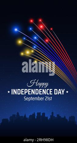 September 21, armenischer Unabhängigkeitstag, armenische farbenfrohe Feuerwerksflagge auf blauem Nachthimmel. Grußkarte. Armenischer Nationalfeiertag Stock Vektor