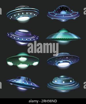UFO-Raumschiff realistische Ikonen mit außerirdischen Raumfahrzeugen in farbigen Lichtern, isolierte Vektordarstellung Stock Vektor
