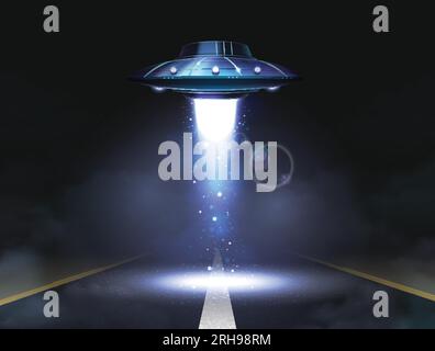 UFO-Raumschiff-Poster mit Alien-Flugzeugen, die die Straße im Rampenlicht sehen Stock Vektor