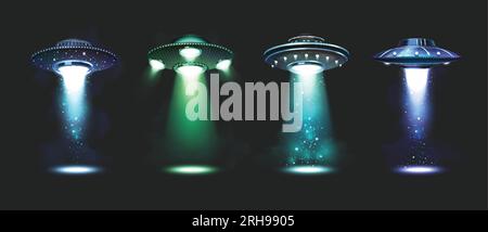 UFO-Raumfahrzeuge realistische Ikonen mit Raumschiffen in Scheinwerfern isolierte Vektordarstellung Stock Vektor