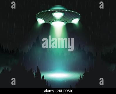 UFO-Raumschiff realistisches Poster mit außerirdischem Raumschiff unter Nachtwald Vektordarstellung Stock Vektor