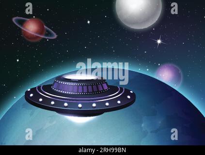 UFO-Raumschiff-Poster mit außerirdischem Raumschiff im Weltraum-Vektorbild Stock Vektor