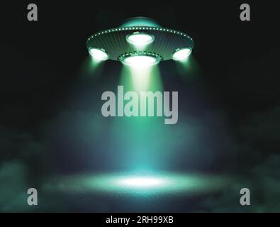 UFO-Raumschiff-Poster mit fliegender Untertasse mit projizierter Lichtvektordarstellung Stock Vektor