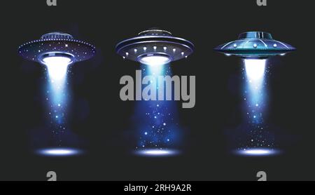 UFO-Raumschiff-Symbole mit fliegenden Untertassen, die blaue Balken projizieren isolierte Vektordarstellung Stock Vektor