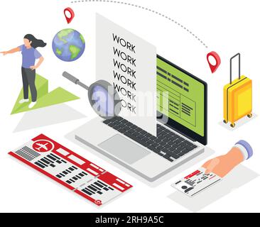 Arbeitsmigration Arbeitssuche im Ausland isometrische Zusammensetzung mit Flugticket-Koffer-Visavektordarstellung Stock Vektor