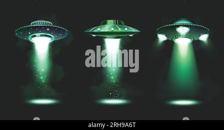 UFO-Raumschiff-Symbole mit fliegenden Untertassen, die grüne Balken projizieren isolierte Vektordarstellung Stock Vektor