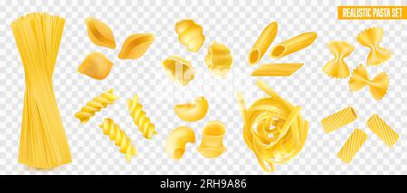 Trockene italienische Nudelsorten realistisches Set mit Spaghetti Penne farfalle tagliatelle fusilli isoliert auf transparenter Hintergrundvektordarstellung Stock Vektor