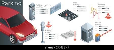 Infografik zum Parken mit Parkuhr für Parkmaschine gesicherter Fahrerhausplatz für Behinderte Vektordarstellung realistischer Elemente Stock Vektor