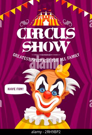 Vertikales Clown-Zirkus-Poster mit bearbeitbaren kunstvoll verzierten Textvorhängen im Hintergrund festliche Dekorationen und eine Vektordarstellung des Charakters des Clowns Stock Vektor