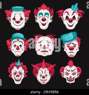 Set mit isolierten Clowns-Gesichtern mit Zeichentrickfilmen, roten Haaren, lustigen Hüten auf schwarzem Hintergrund, Vektorgrafik Stock Vektor