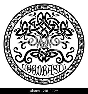 Viking-Design. Weltbaum aus der skandinavischen Mythologie - Yggdrasil- und keltisches Muster, Rahmen. Gemalt im altnordisch-keltischen Stil Stock Vektor