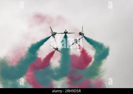 British Aerospace Hawk Mk65 Military Jet Trainer vom Royal Saudi Air Force Aerobatic Display Team die Saudi Hawks zeigen auf der RIAT Stockfoto