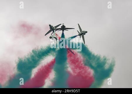 British Aerospace Hawk Mk65 Military Jet Trainer vom Royal Saudi Air Force Aerobatic Display Team die Saudi Hawks zeigen auf der RIAT Stockfoto