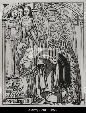 St. Radegund (ca. 520-587). Prinzessin von Thüringen und Königin der Franken durch ihre Heirat mit Clothar I. (498-561). Radegund erhielt die Gewohnheit und wurde von Medard (456-545), Bischof von Noyon, als sie ihren Ehemann König Clothar verließ, um in das religiöse Leben einzutreten, als sie eine Diakonin geweiht wurde. Fax nach Gravur aus 'Geschichte und Chronik von Clotaire', 1513. "Vie Militaire et Religieuse au Moyen Age et à l'Epoque de la Renaissance". Paris, 1877. Stockfoto