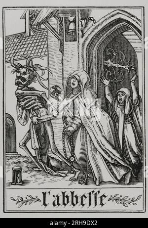 Die Äbtissin, die vom Tod besucht wurde. Eine Gravur in der Serie „der Tanz des Todes“ von Hans Holbein dem Jüngeren, in „Les Simulachres et Histoires facées de la Mort“, 1538. "Vie Militaire et Religieuse au Moyen Age et à l'Epoque de la Renaissance". Paris, 1877. Stockfoto