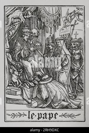 Der vom Tod besuchte Papst. Eine Kopie einer Gravur aus der Serie „der Tanz des Todes“ von Hans Holbein dem Jüngeren, in „Les Simulachres et Histoires facées de la Mort“, 1538. "Vie Militaire et Religieuse au Moyen Age et à l'Epoque de la Renaissance". Paris, 1877. Stockfoto