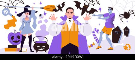 Leute feiern mit verschiedenen halloween-Attributen und tragen gruselige Kostüme von Hexenvampiren und Zombie-Flachvektorgrafiken Stock Vektor