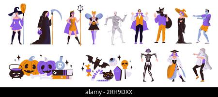 Halloween-Set mit isolierten Kompositionen verschiedener festlicher Accessoires Kürbisse und menschliche Figuren in gruseligen Kostümen Vektorgrafiken Stock Vektor