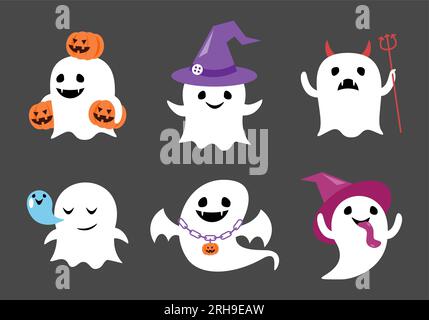 Set von Seelengeist mit halloween-Kostüm. Zeichentrickfiguren. Flaches Design . Vector . Stock Vektor