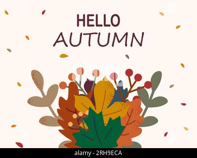 Hallo, Herbst. Strauß gefallener Blätter mit Text. Herbstkarte, Hintergrund mit gefallenen Blättern. Vektor Stock Vektor
