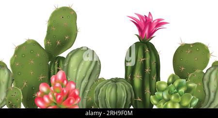 Realistische Kaktusnahtlose Zusammensetzung horizontaler Muster mit isolierten blühenden dekorativen Pflanzenoberflächen auf leerer Hintergrundvektordarstellung Stock Vektor