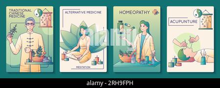 Alternative Medizin flaches Set aus vier isolierten Postern mit Text und Kritzelstil menschliche Charaktere Vektordarstellung Stock Vektor