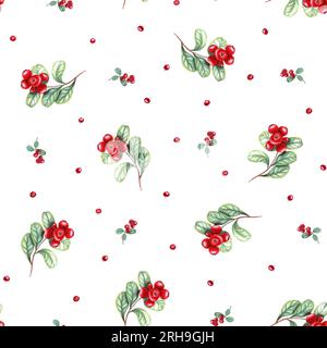Aquarellfarbiges nahtloses Muster eines auf weißem Hintergrund isolierten Kuhbeerzweigs. Botanische Illustration mit roten Beeren für Zimmerdekor, Druck, Postkarte Stockfoto